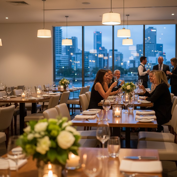a group of well-dressed adults seated at elegant wooden dining tables inside a softly lit restaurant space with large windows showing a blurred city skyline in the evening, women and men smiling and holding wine glasses while engaging in conversation, tables set with white plates, crystal glasses, linen napkins, candles and small floral arrangements, modern pendant lights hanging from the ceiling and additional diners and staff in the background creating a warm, social dinner atmosphere